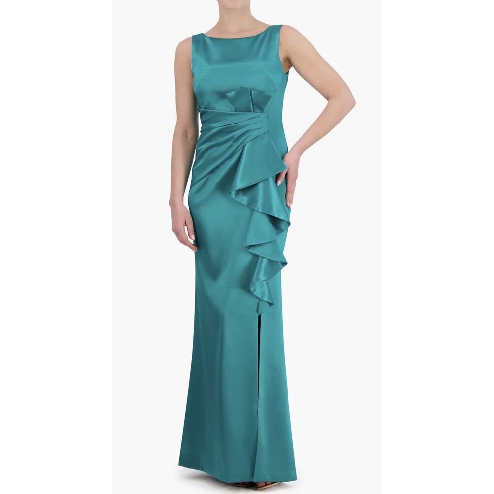 Eliza J Ruffle Satin Jade Green Mermaid Gown Size 10 - Picture 1 of 10